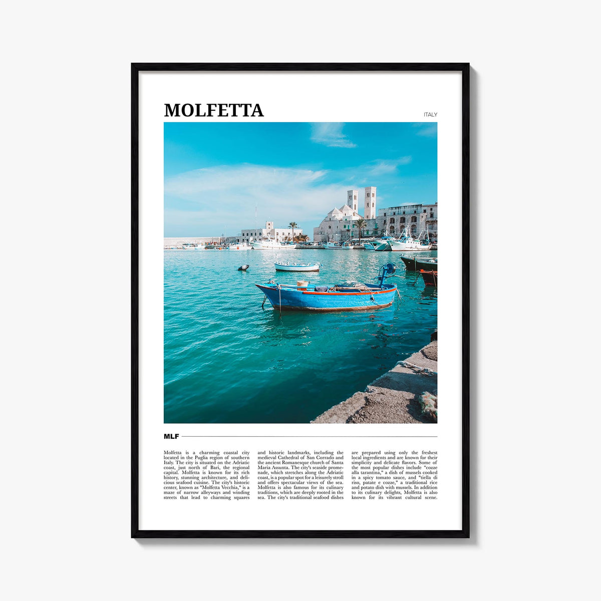 Molfetta colorful travel poster of Italy – vertical wall art, unframed print shown in interior mockup