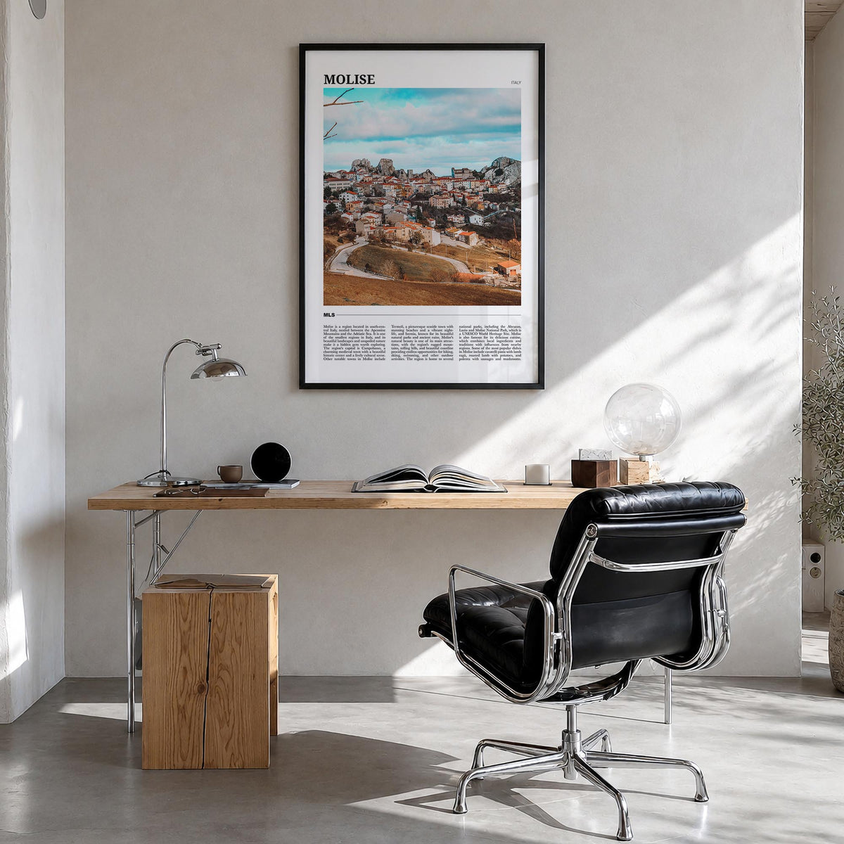 Molise colorful travel poster of Italy – vertical wall art in black wood frame, hanging on wall