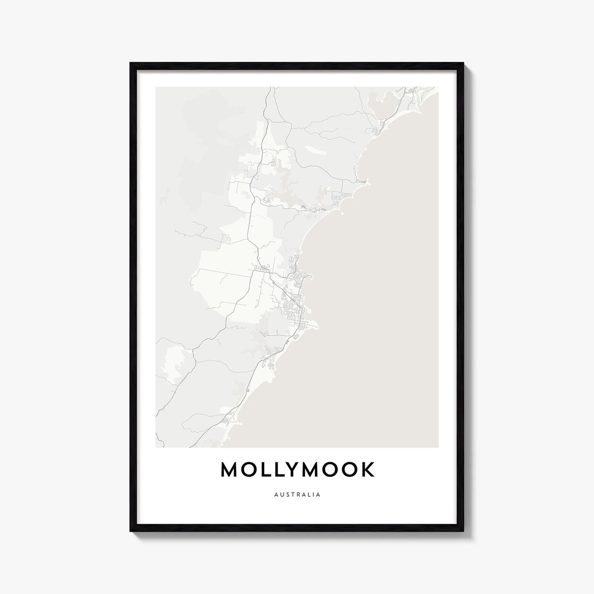 Mollymook black & white map poster of New South Wales, Australia – vertical wall art, unframed print shown in interior mockup