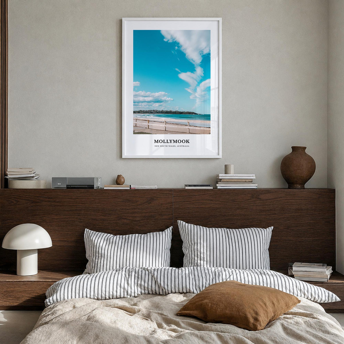 Mollymook colorful classic poster of New South Wales, Australia – vertical wall art in white wood frame, hanging on wall