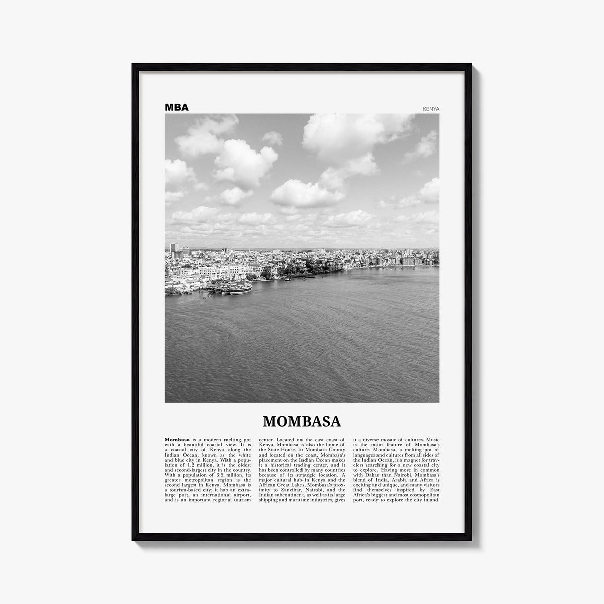 Mombasa black & white newspaper poster of Kenya – vertical wall art, unframed print shown in interior mockup