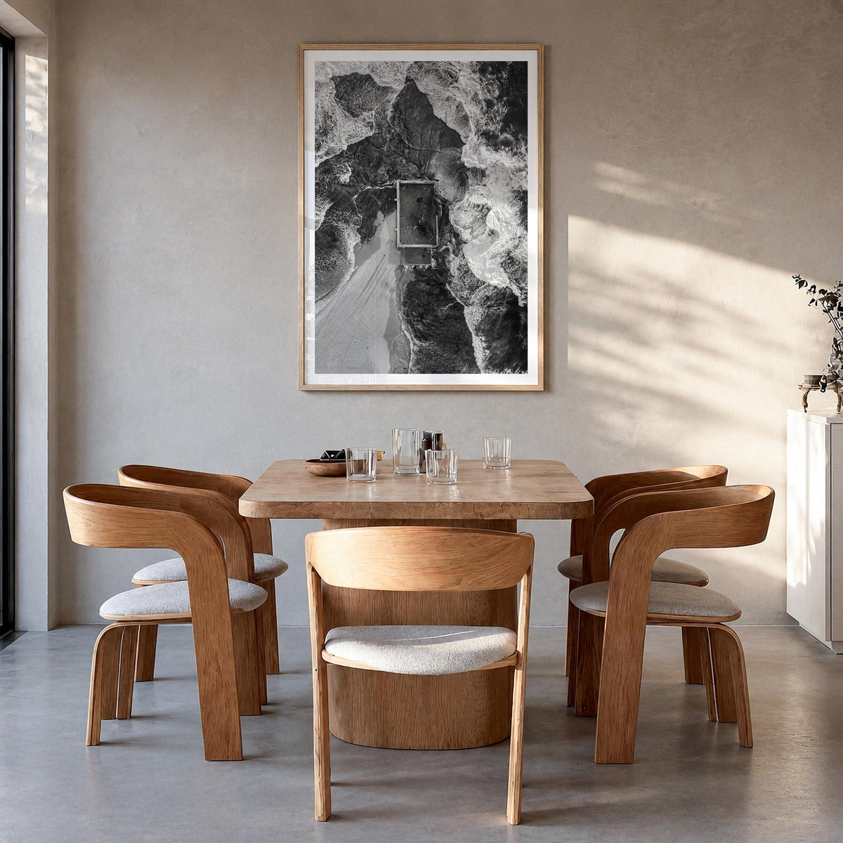 Mona Vale black & white photo poster of Australia – vertical wall art in natural wood frame with white border, hanging on wal