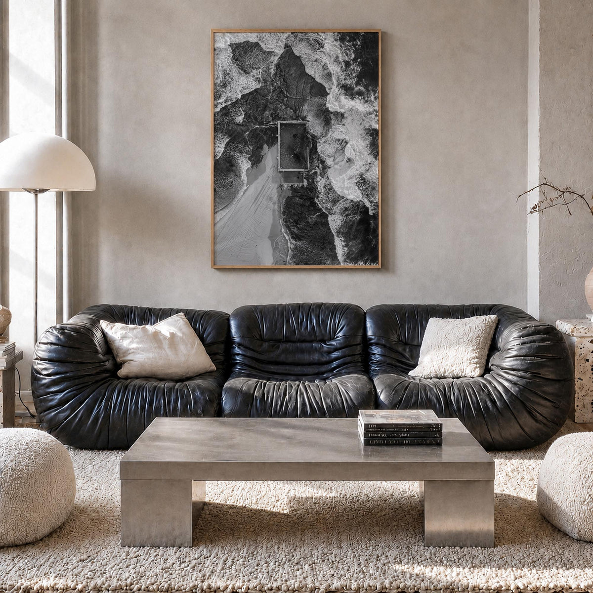 Mona Vale black & white photo poster of Australia – vertical wall art in natural wood frame, hanging on wall