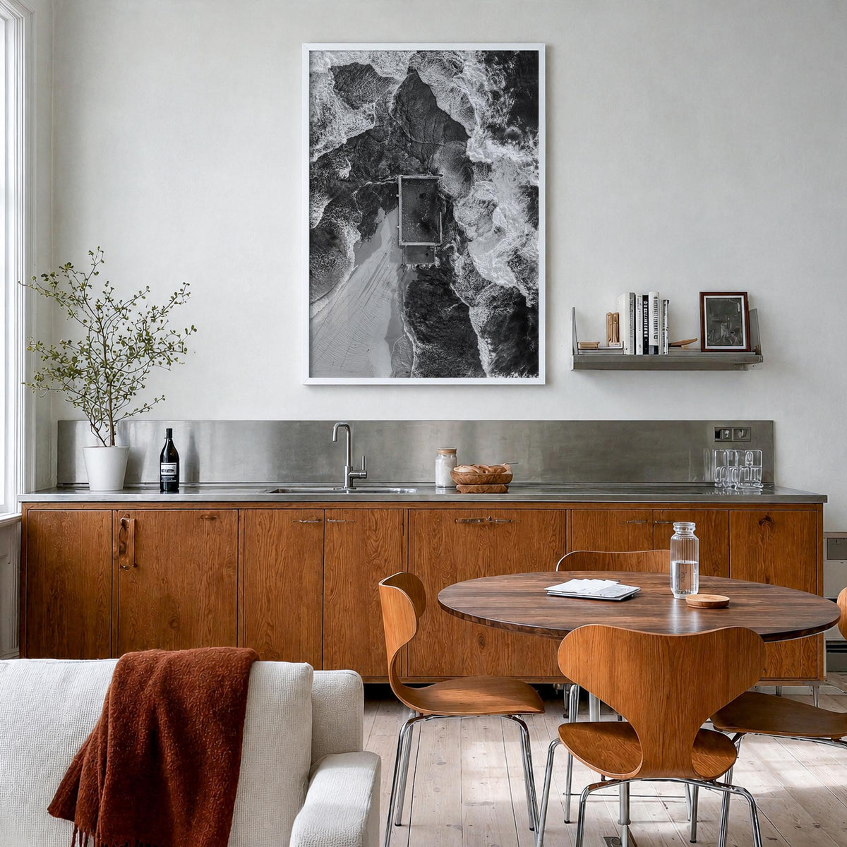 Mona Vale black & white photo poster of Australia – vertical wall art in white wood frame, hanging on wall