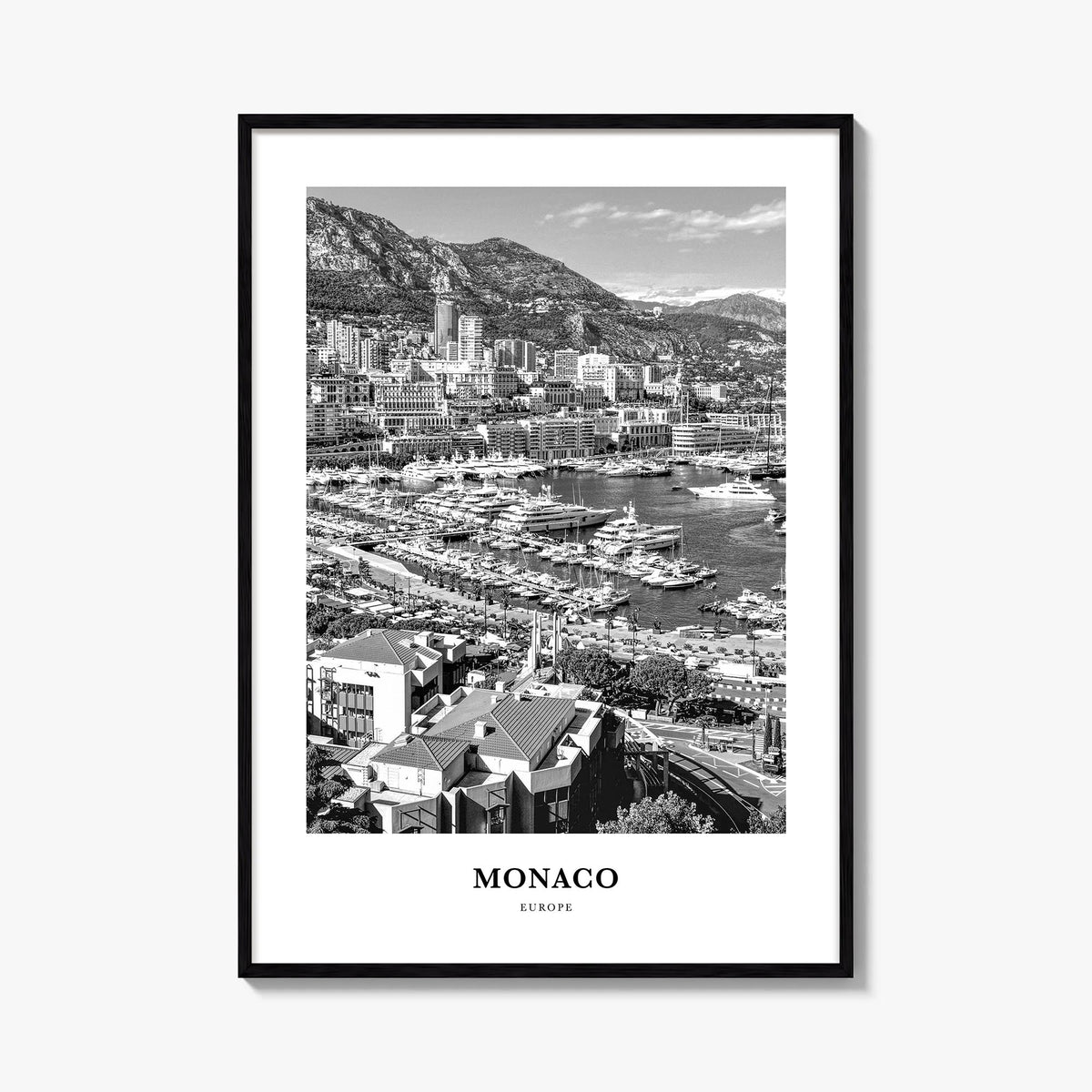 Monaco black & white classic poster of Europe – vertical wall art, unframed print shown in interior mockup