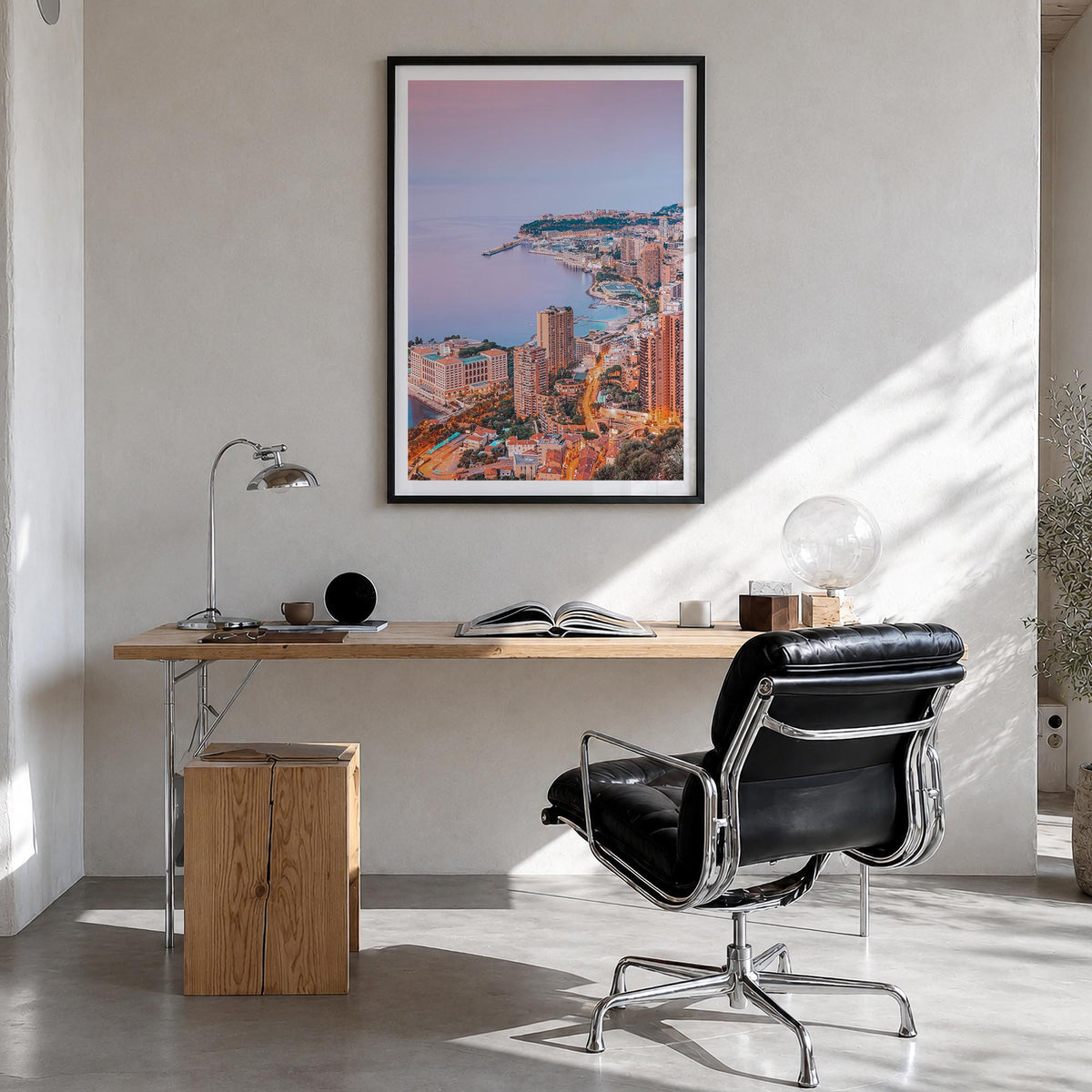 Monaco colorful photo poster of Europe – vertical wall art in black wood frame with white border, hanging on wall