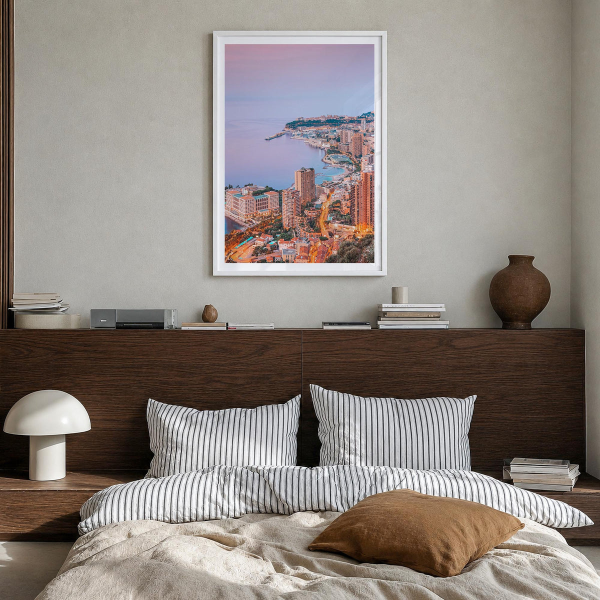 Monaco colorful photo poster of Europe – vertical wall art in white wood frame with white border, hanging on wall