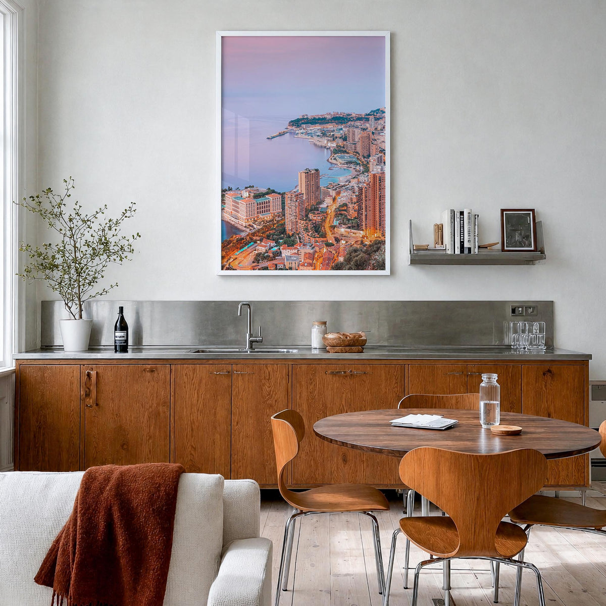 Monaco colorful photo poster of Europe – vertical wall art in white wood frame, hanging on wall