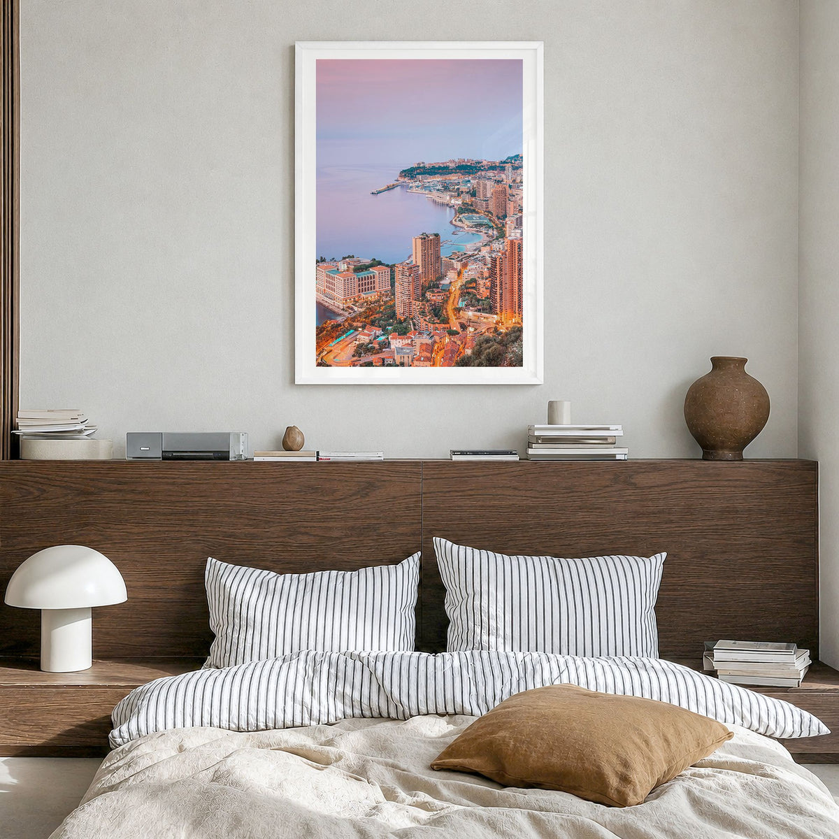 Monaco Photo Poster in a white wood frame, hanging in a bedroom, white border