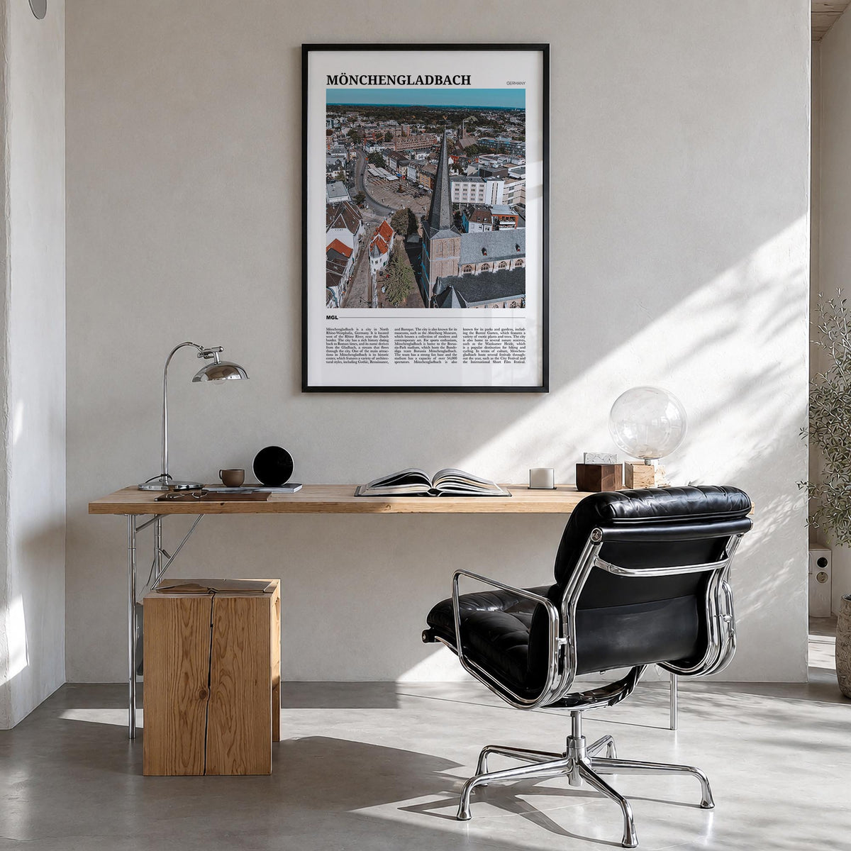 Mönchengladbach colorful travel poster of Germany – vertical wall art in black wood frame, hanging on wall