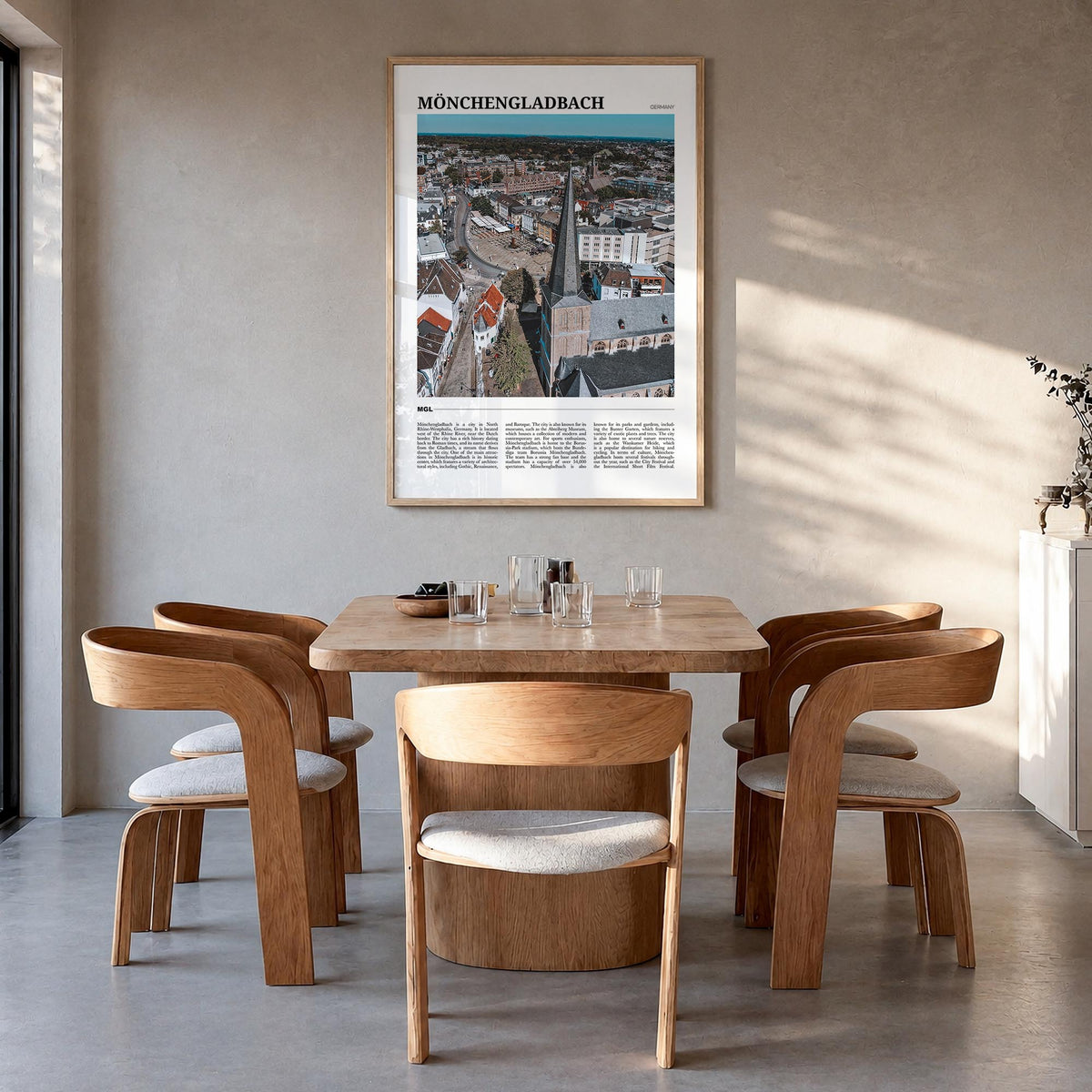 Mönchengladbach colorful travel poster of Germany – vertical wall art in natural wood frame, hanging on wall