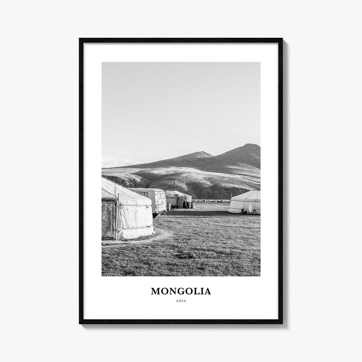 Mongolia black & white classic poster of Asia – vertical wall art, unframed print shown in interior mockup