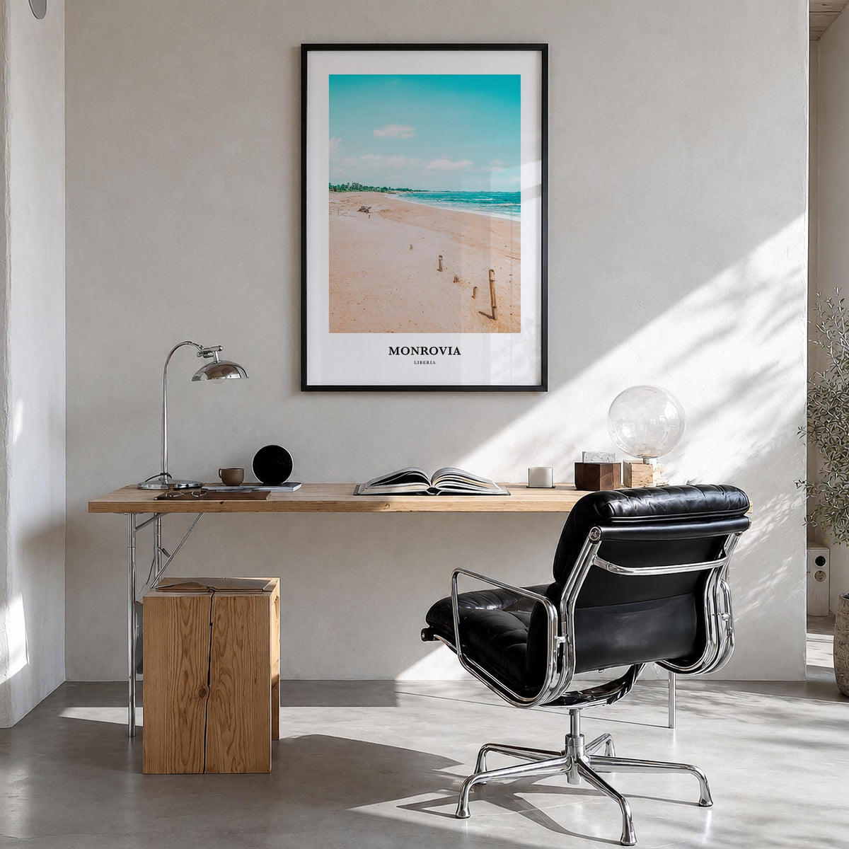 Monrovia no. 1 colorful classic poster of Liberia – vertical wall art in black wood frame, hanging on wall