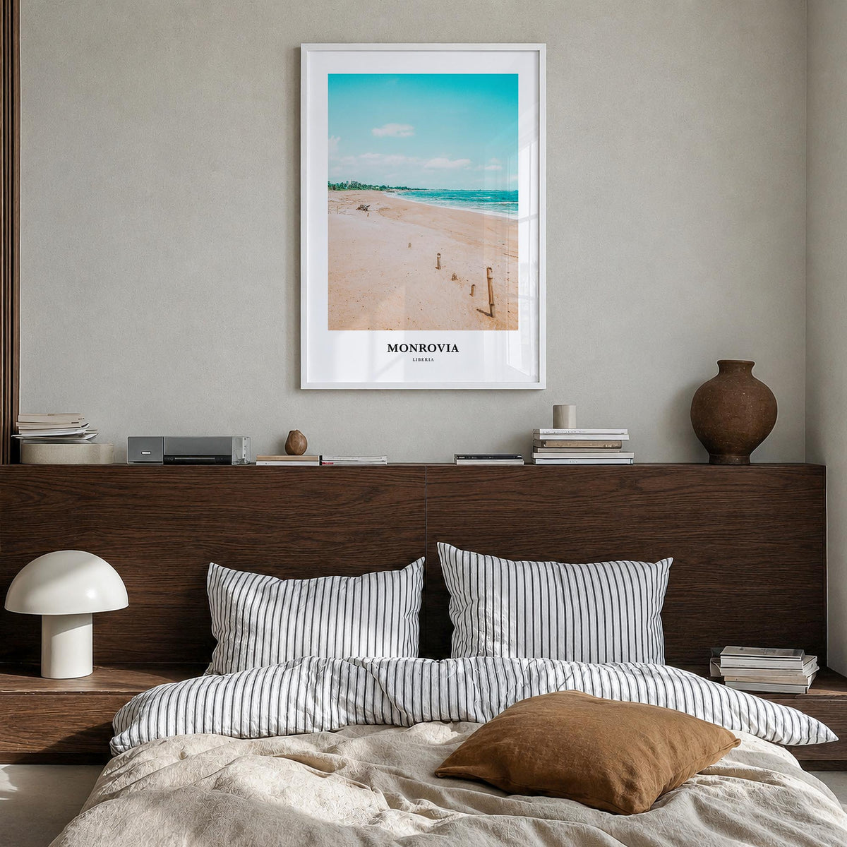 Monrovia no. 1 colorful classic poster of Liberia – vertical wall art in white wood frame, hanging on wall