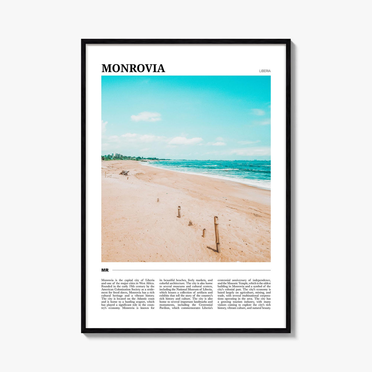 Monrovia no. 1 colorful travel poster of Liberia – vertical wall art, unframed print shown in interior mockup