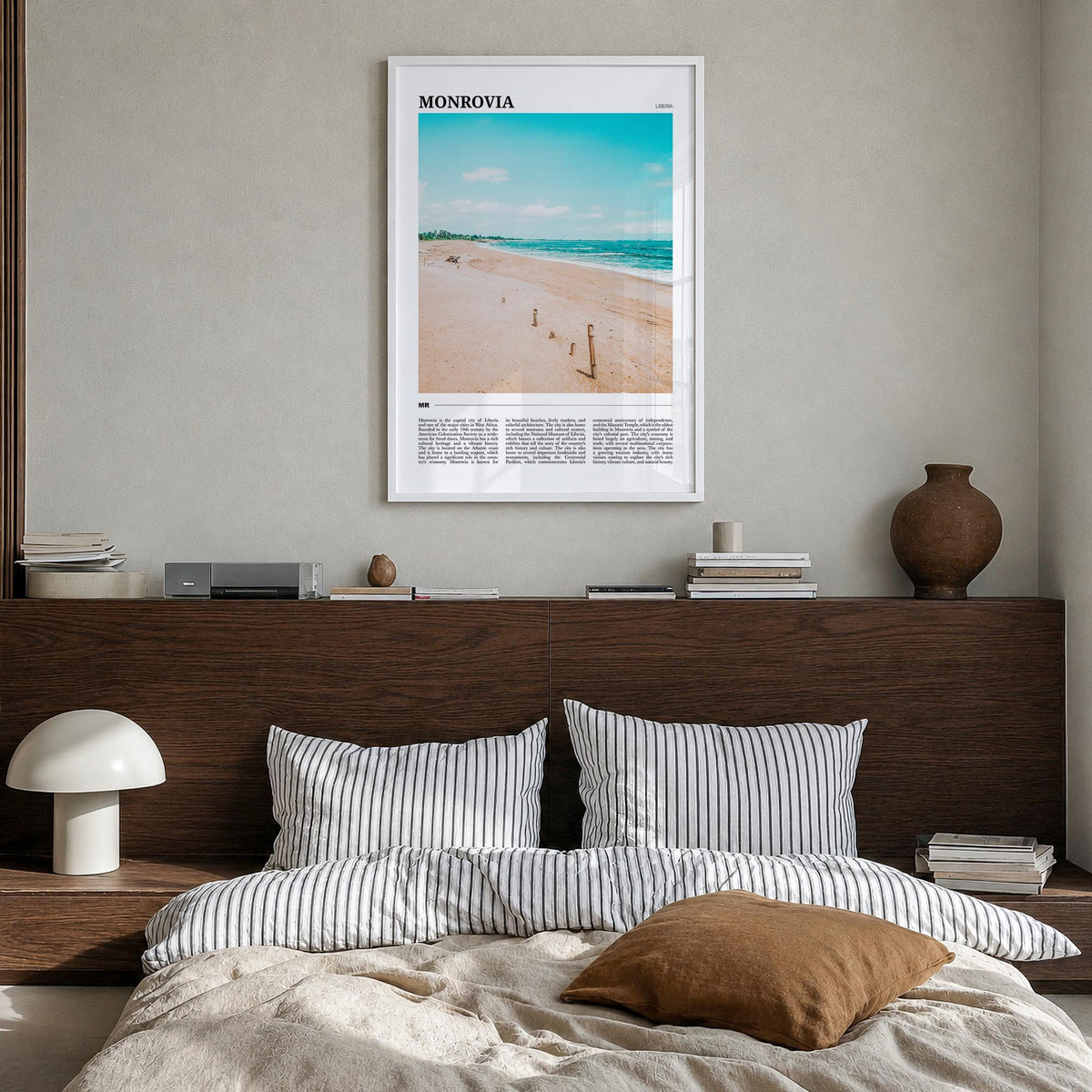 Monrovia no. 1 colorful travel poster of Liberia – vertical wall art in white wood frame, hanging on wall