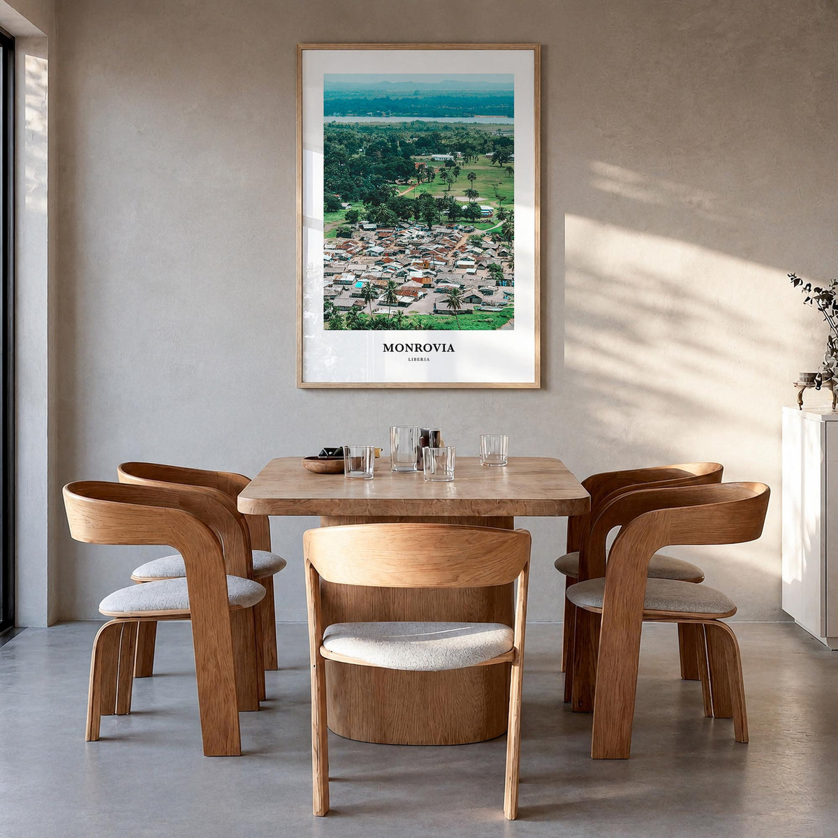 Monrovia no. 2 colorful classic poster of Liberia – vertical wall art in natural wood frame, hanging on wall