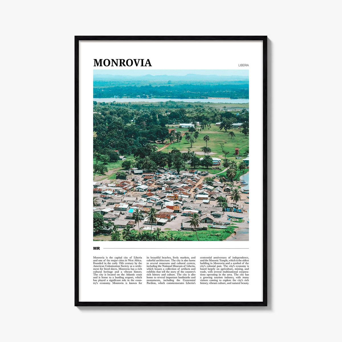Monrovia no. 2 colorful travel poster of Liberia – vertical wall art, unframed print shown in interior mockup