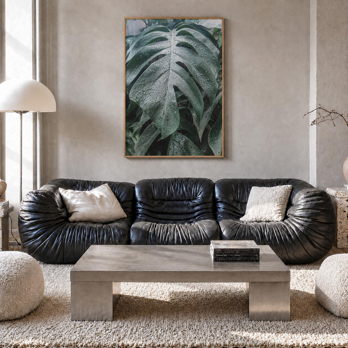 Monstera Leaf colorful photo poster – vertical wall art in natural wood frame, hanging on wall