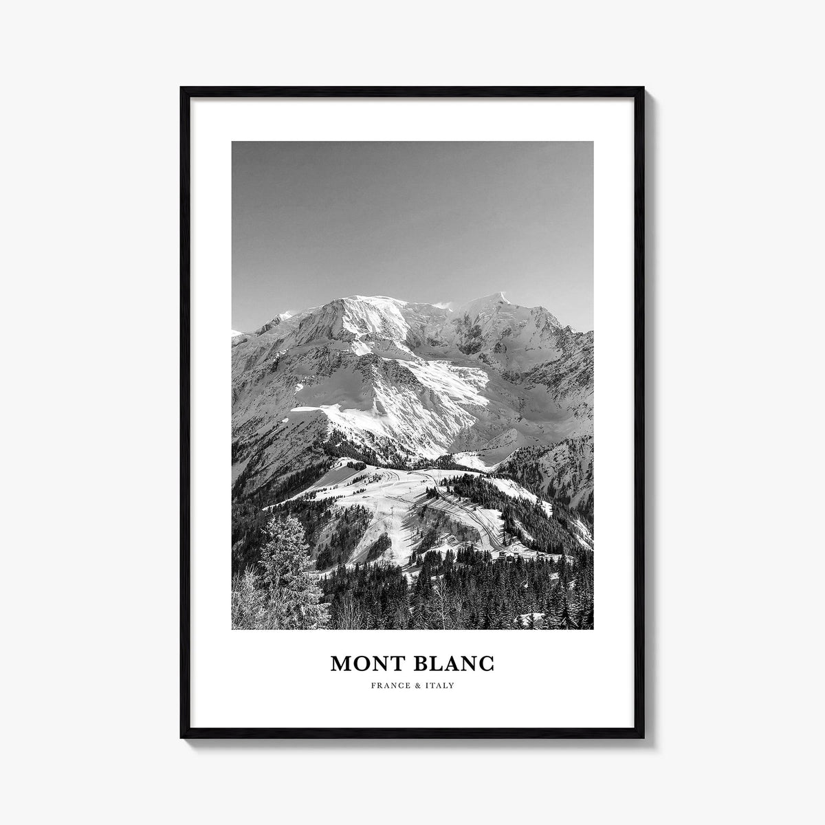 Mont Blanc black & white classic poster of France & Italy – vertical wall art, unframed print shown in interior mockup