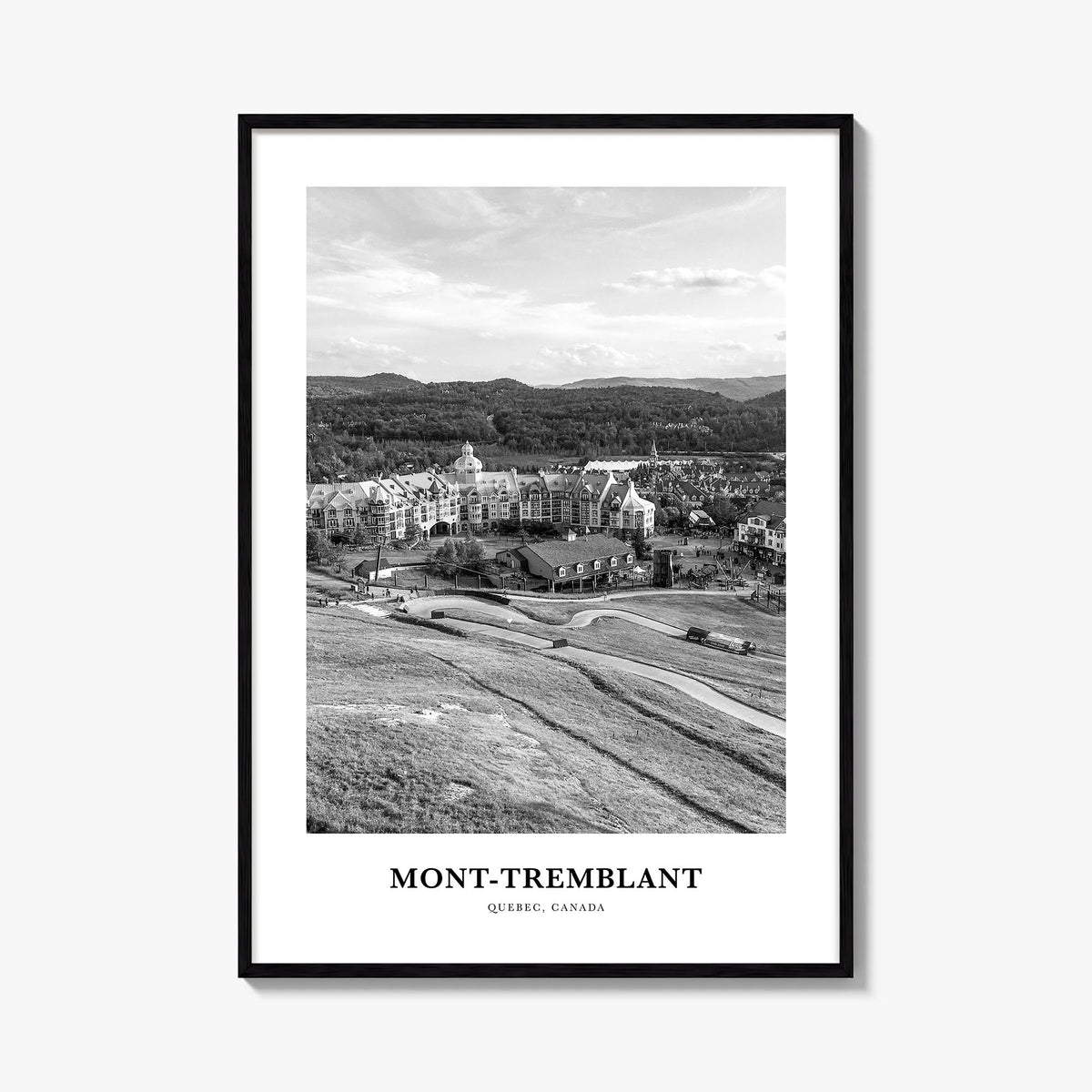 Mont-Tremblant black & white classic poster of Canada – vertical wall art, unframed print shown in interior mockup
