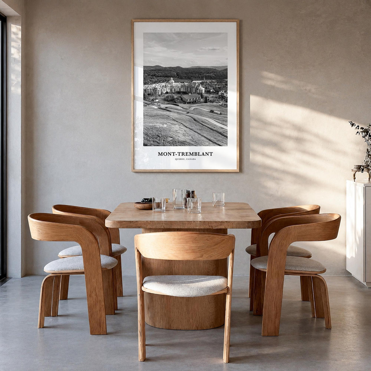 Mont-Tremblant black & white classic poster of Canada – vertical wall art in natural wood frame, hanging on wall
