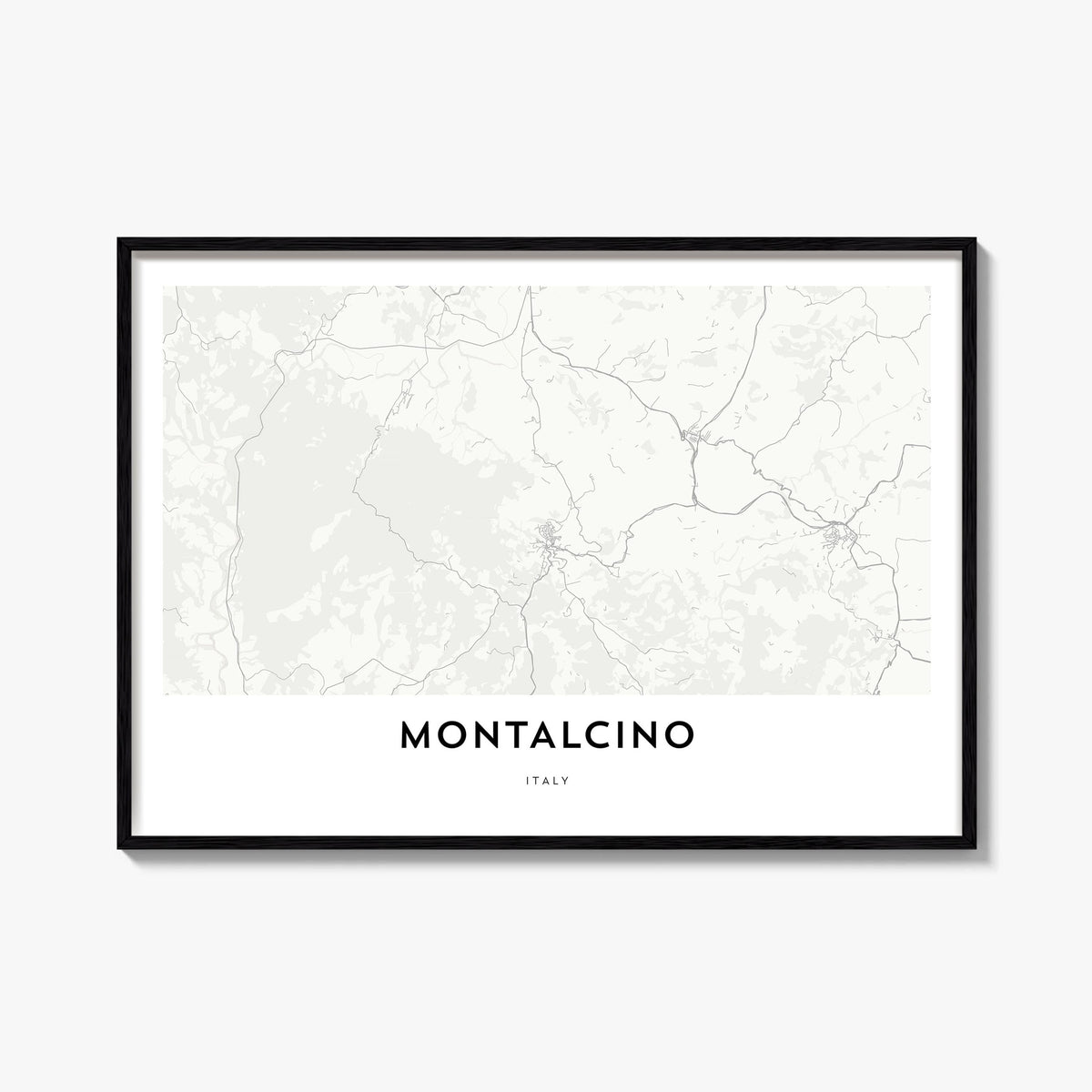 Montalcino black & white map poster of Italy – horizontal wall art, unframed print shown in interior mockup