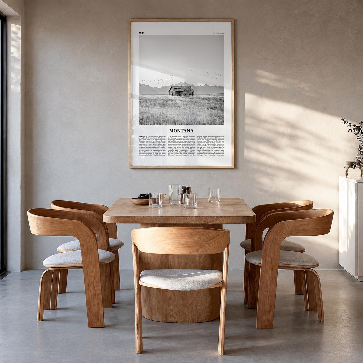 Montana no. 2 black & white newspaper poster of United States – vertical wall art in natural wood frame, hanging on wall