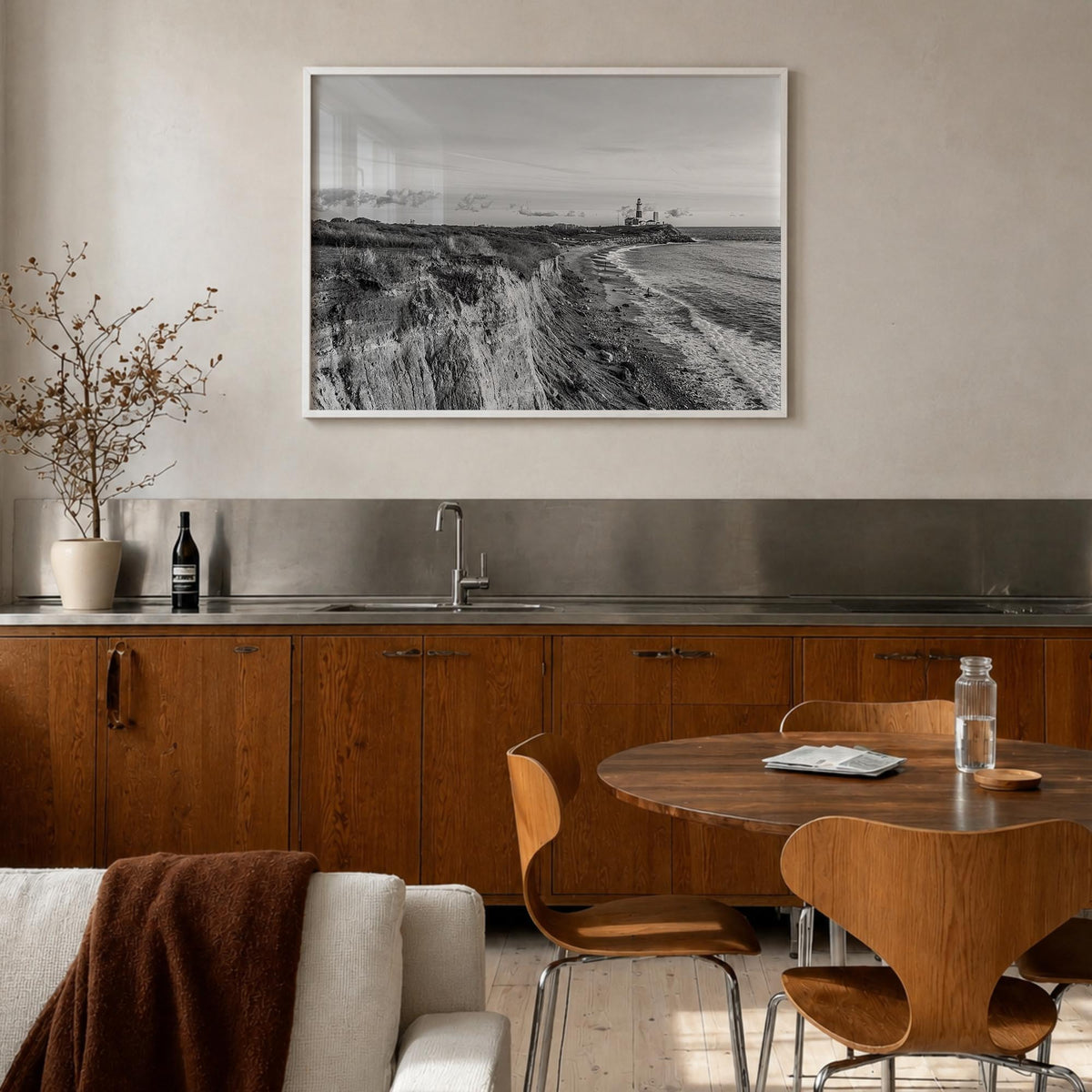 Montauk black & white photo poster of New York, USA – horizontal wall art in white wood frame, hanging on wall