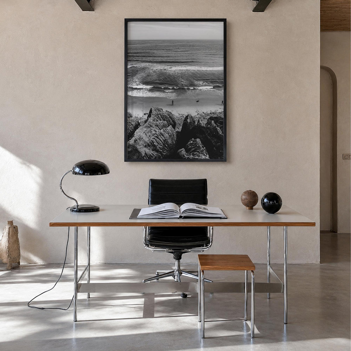 Montauk no. 1 black & white photo poster of New York, USA – vertical wall art in black wood frame, hanging on wall