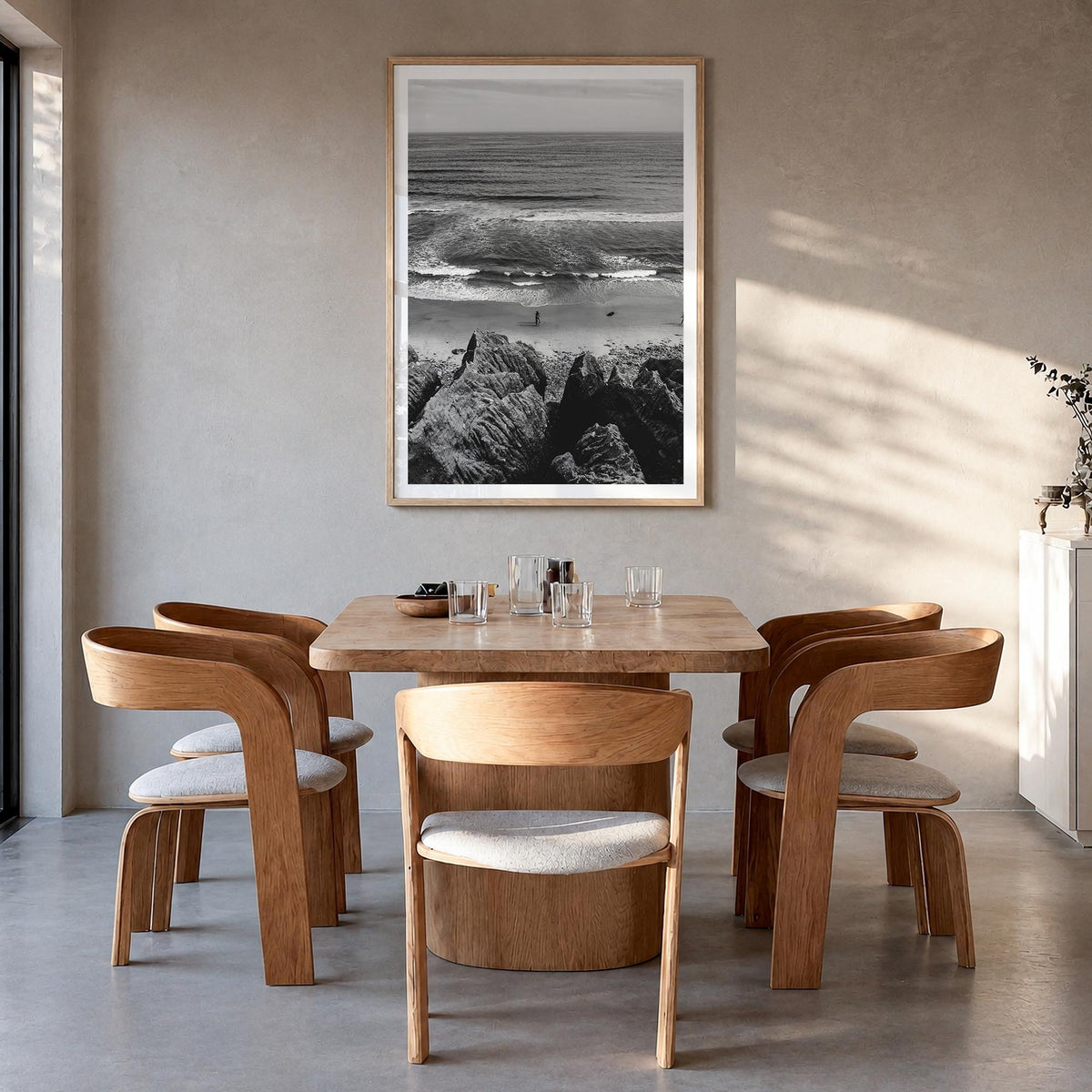 Montauk no. 1 black & white photo poster of New York, USA – vertical wall art in natural wood frame with white border, hangin