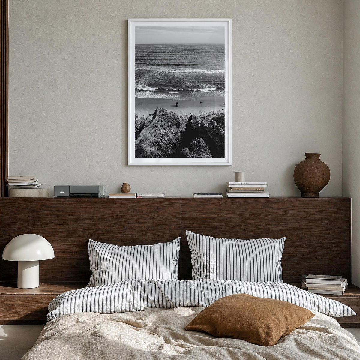 Montauk no. 1 black & white photo poster of New York, USA – vertical wall art in white wood frame with white border, hanging