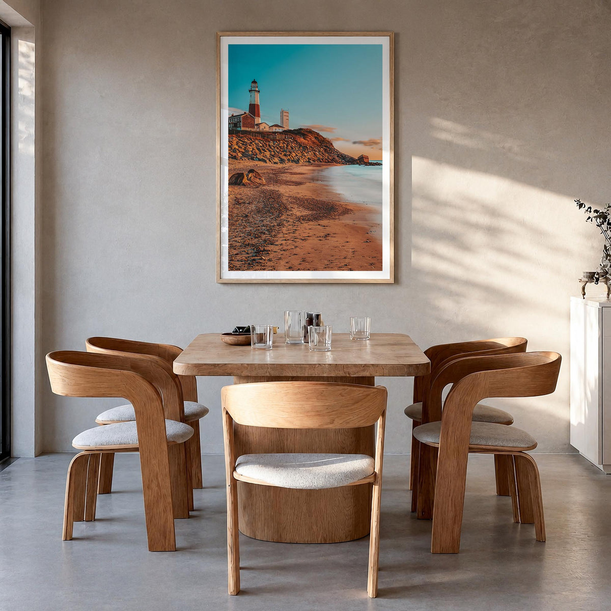 Montauk no. 1 colorful photo poster of New York, USA – vertical wall art in natural wood frame with white border, hanging on