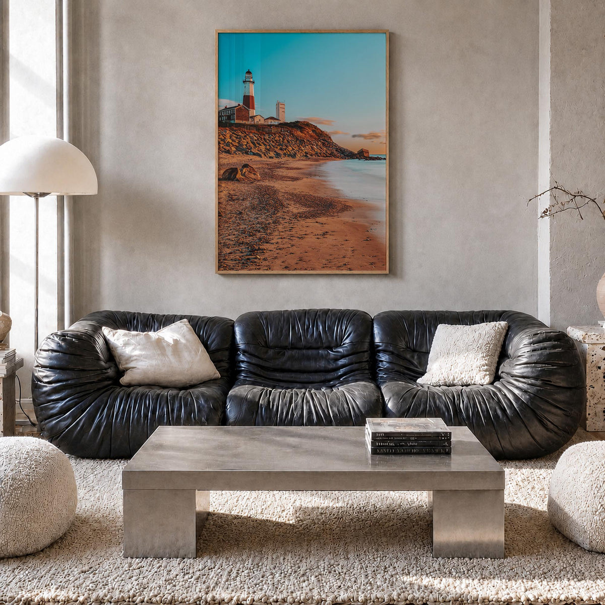 Montauk no. 1 colorful photo poster of New York, USA – vertical wall art in natural wood frame, hanging on wall
