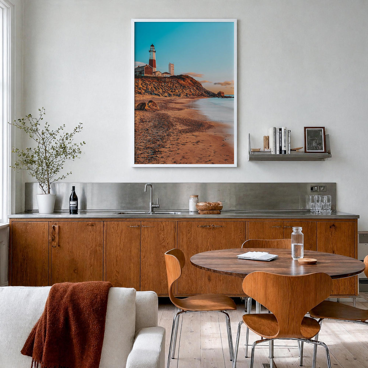 Montauk no. 1 colorful photo poster of New York, USA – vertical wall art in white wood frame, hanging on wall