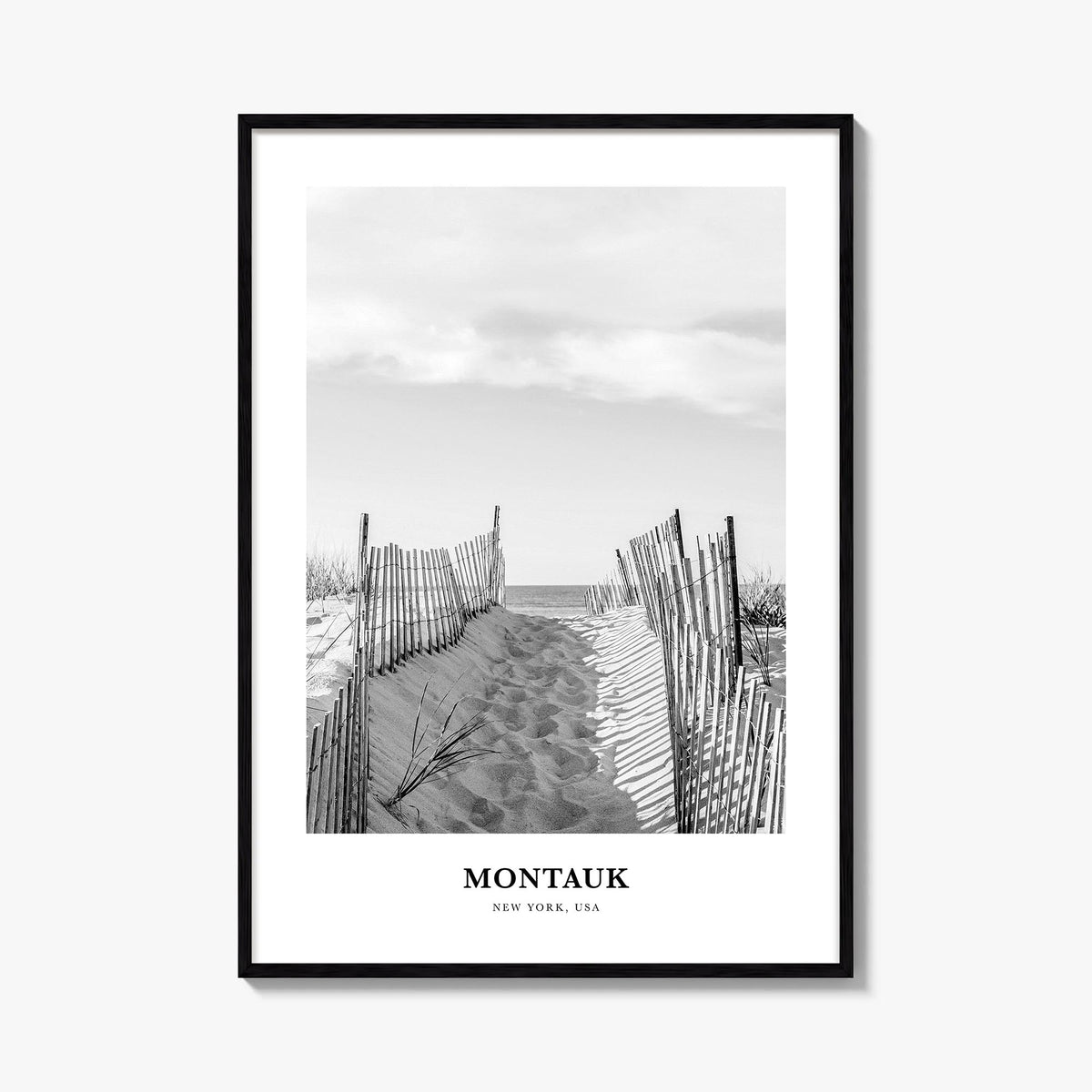 Montauk no. 2 black & white classic poster of New York, USA – vertical wall art, unframed print shown in interior mockup