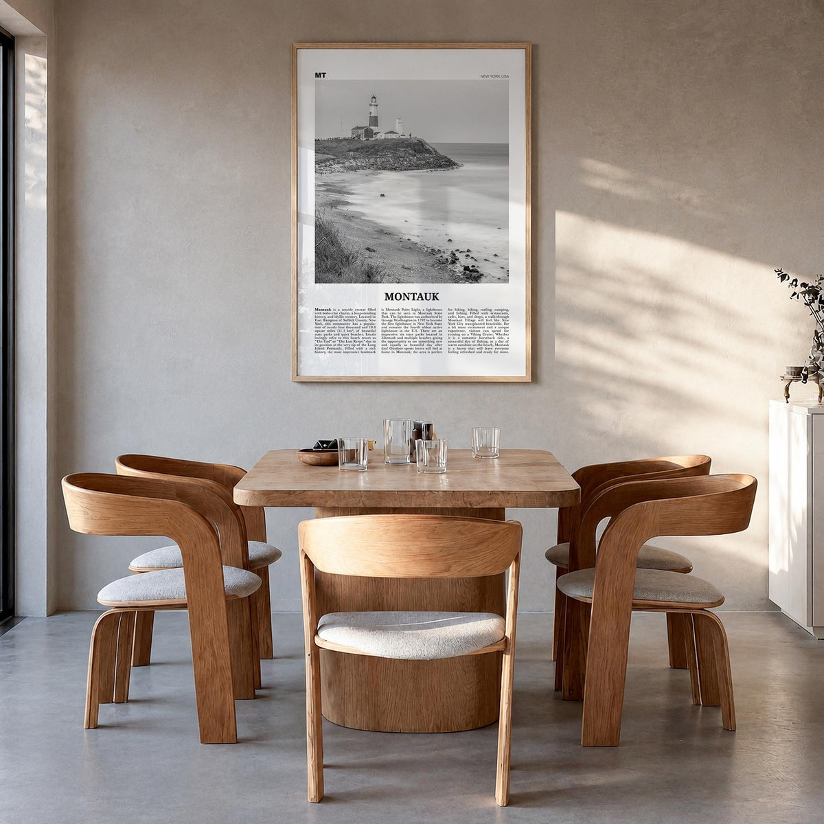 Montauk no. 2 black & white newspaper poster of New York, USA – vertical wall art in natural wood frame, hanging on wall