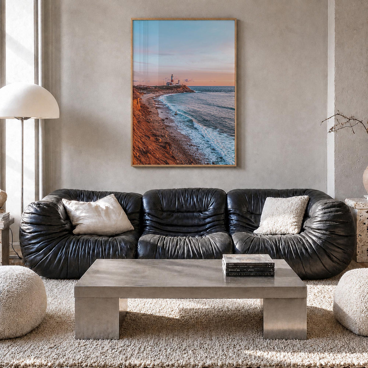 Montauk no. 2 colorful photo poster of New York, USA – vertical wall art in natural wood frame, hanging on wall