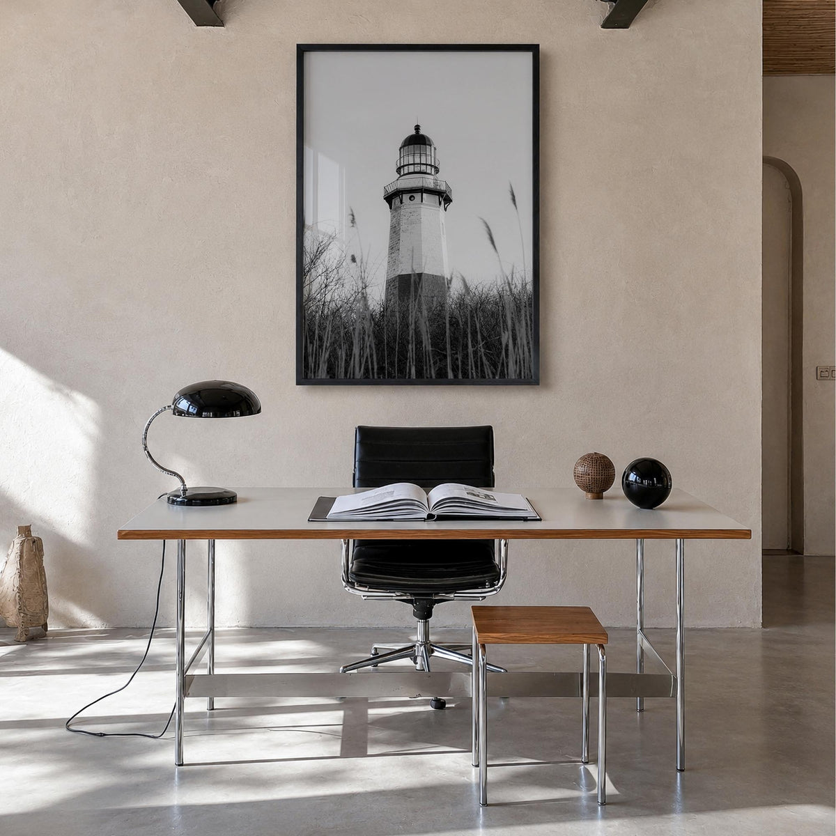 Montauk no. 3 black & white photo poster of New York, USA – vertical wall art in black wood frame, hanging on wall