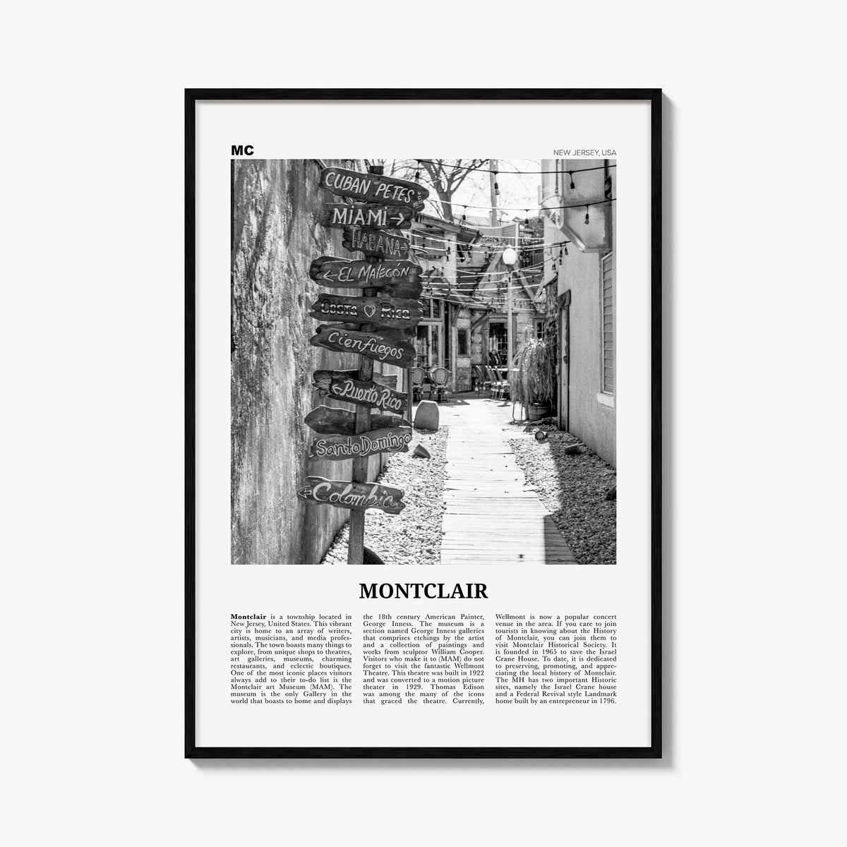 Montclair black & white newspaper poster of New Jersey, USA – vertical wall art, unframed print shown in interior mockup