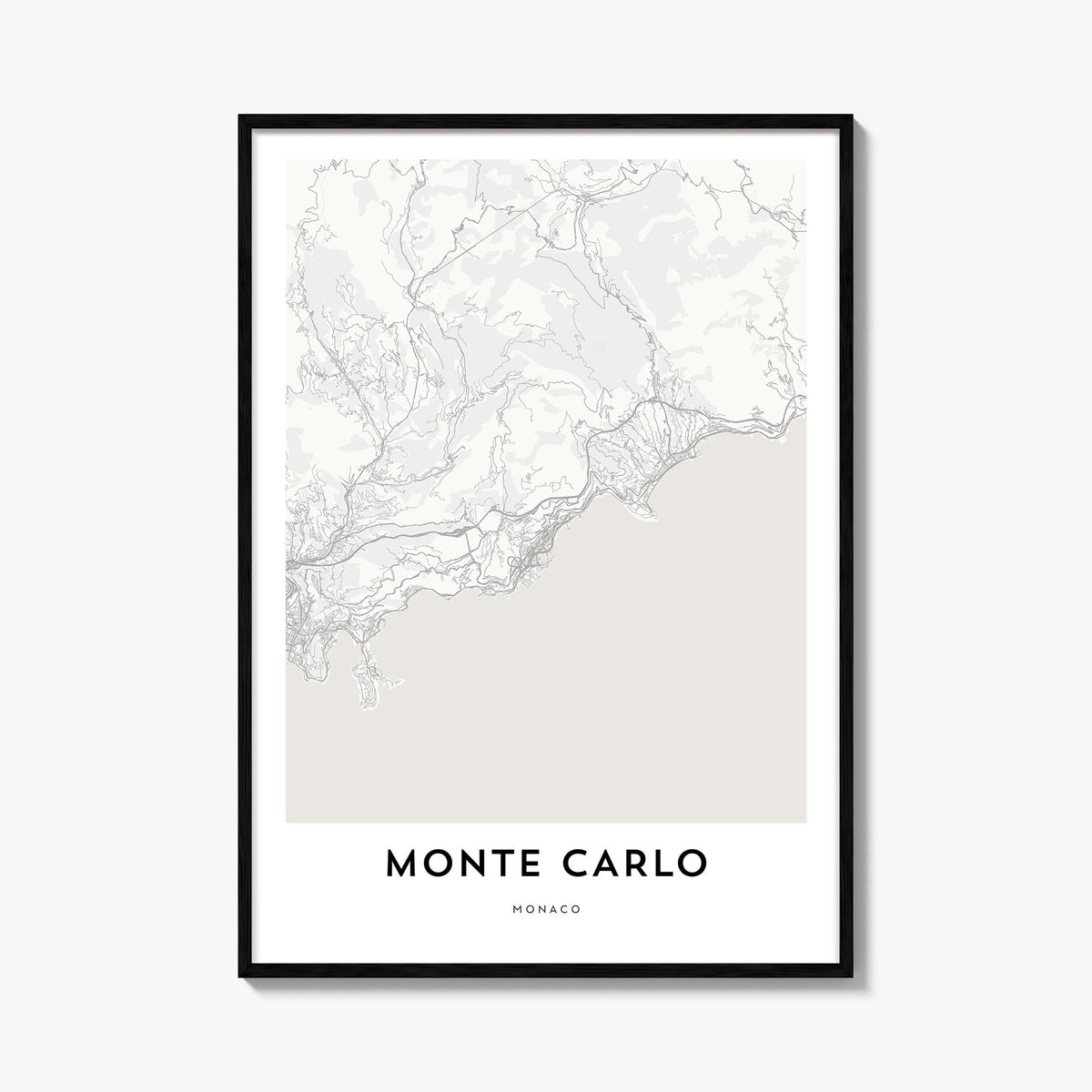 Monte Carlo black & white map poster of Monaco – vertical wall art, unframed print shown in interior mockup