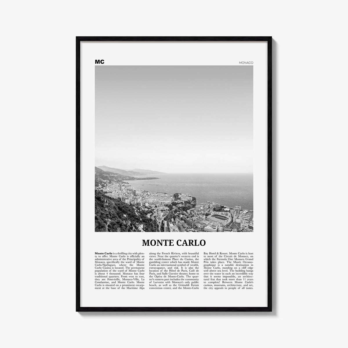 Monte Carlo black & white newspaper poster of Monaco – vertical wall art, unframed print shown in interior mockup