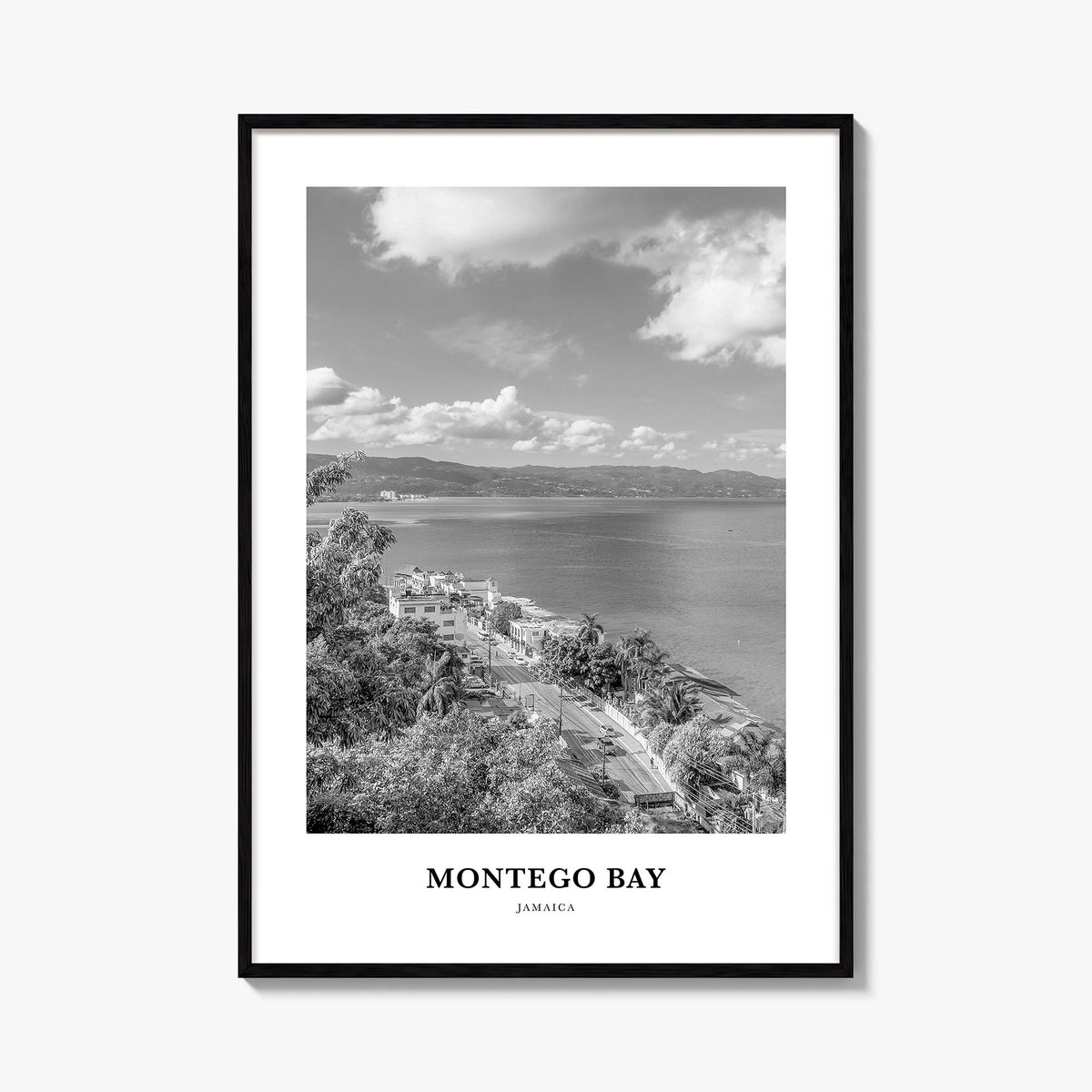 Montego Bay black & white classic poster of Jamaica – vertical wall art, unframed print shown in interior mockup