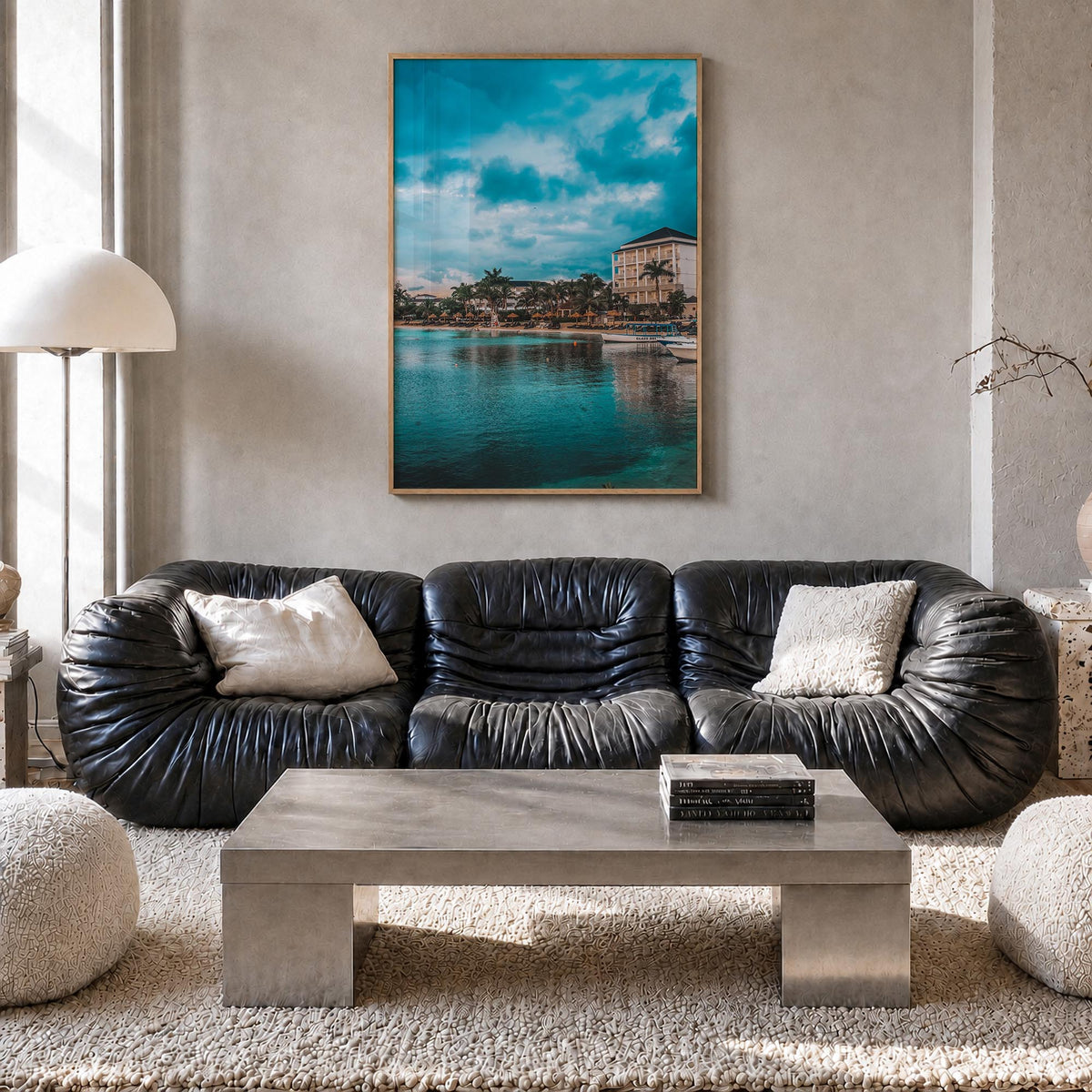 Montego Bay colorful photo poster of Jamaica – vertical wall art in natural wood frame, hanging on wall