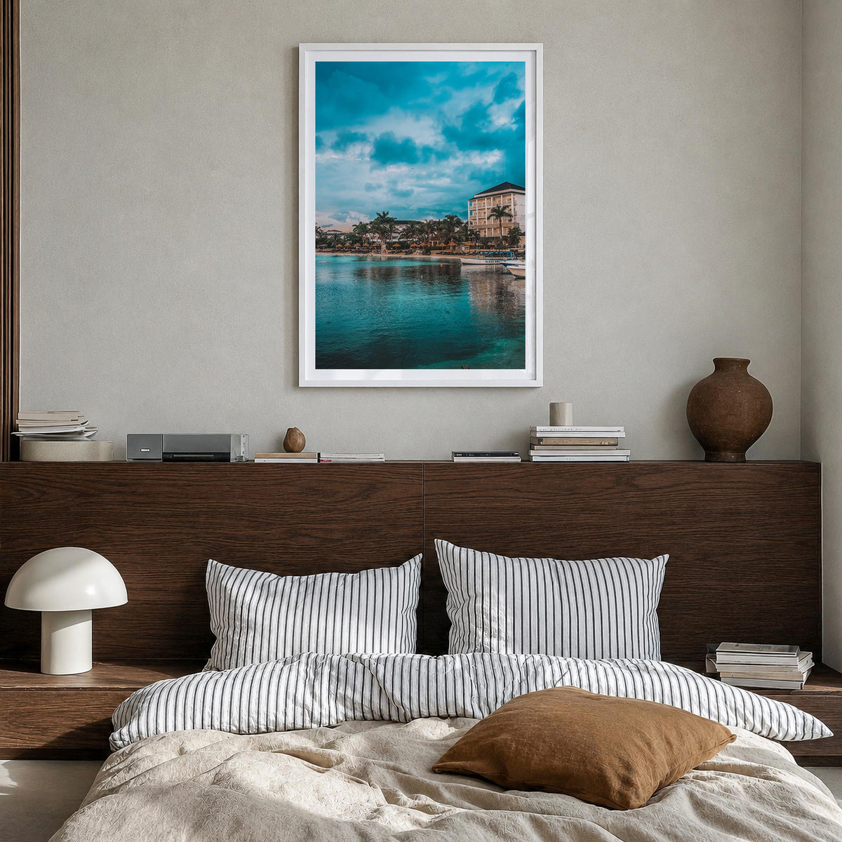 Montego Bay colorful photo poster of Jamaica – vertical wall art in white wood frame with white border, hanging on wall