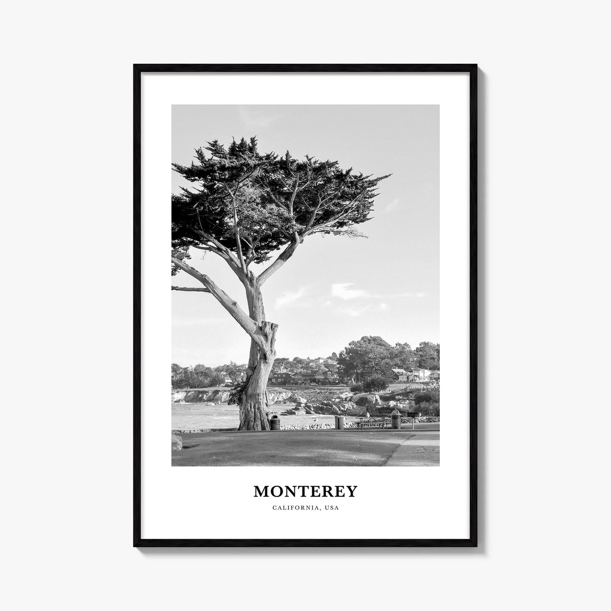 Monterey black & white classic poster of California, USA – vertical wall art, unframed print shown in interior mockup