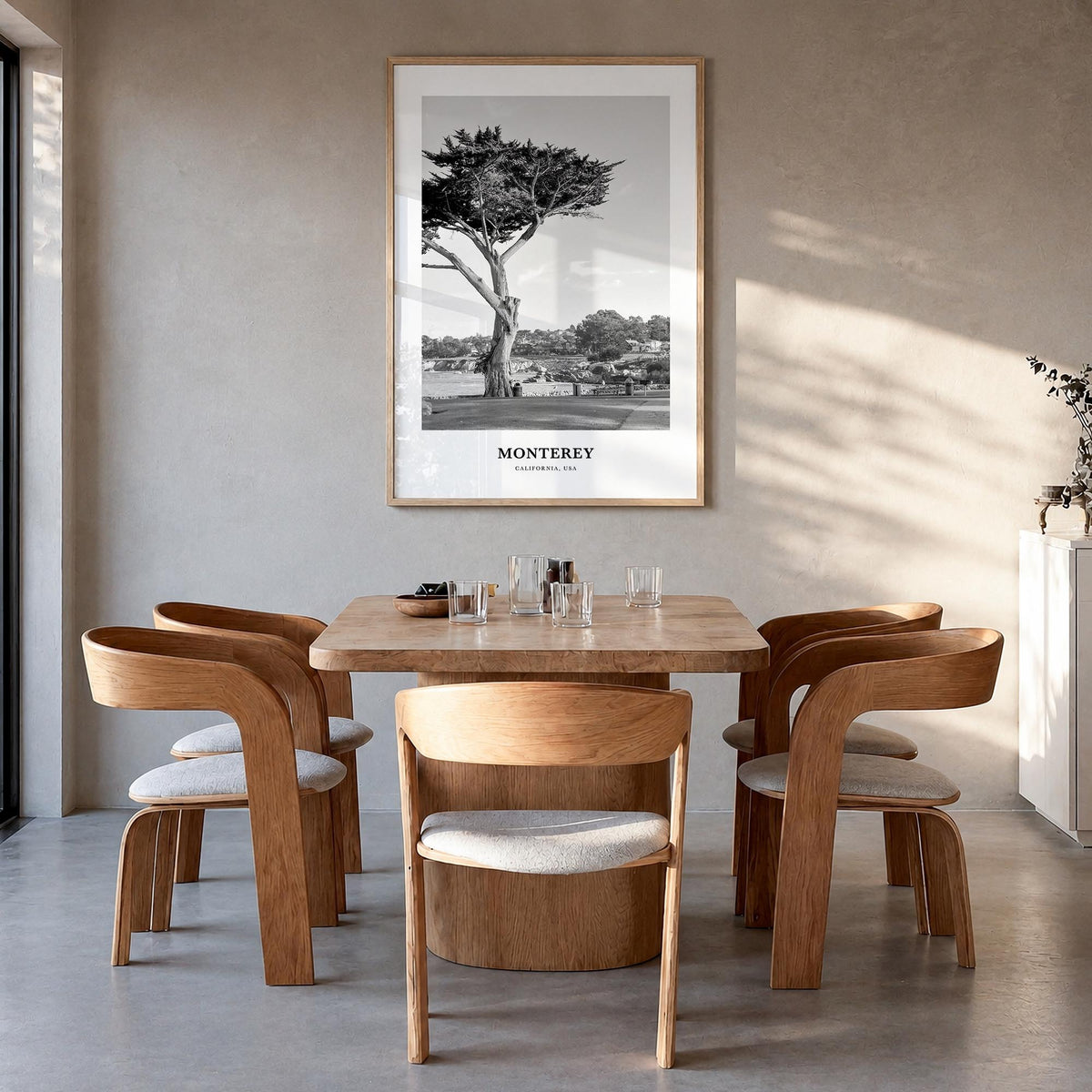 Monterey black & white classic poster of California, USA – vertical wall art in natural wood frame, hanging on wall