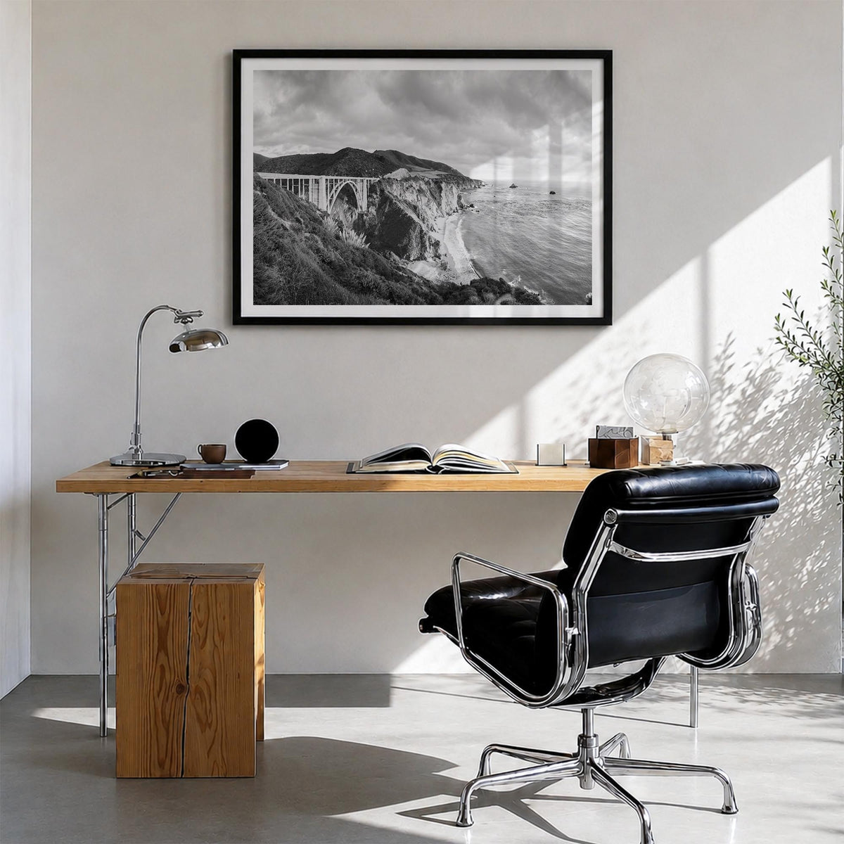 Monterey black & white photo poster of California, USA – horizontal wall art in black wood frame with white border, hanging o
