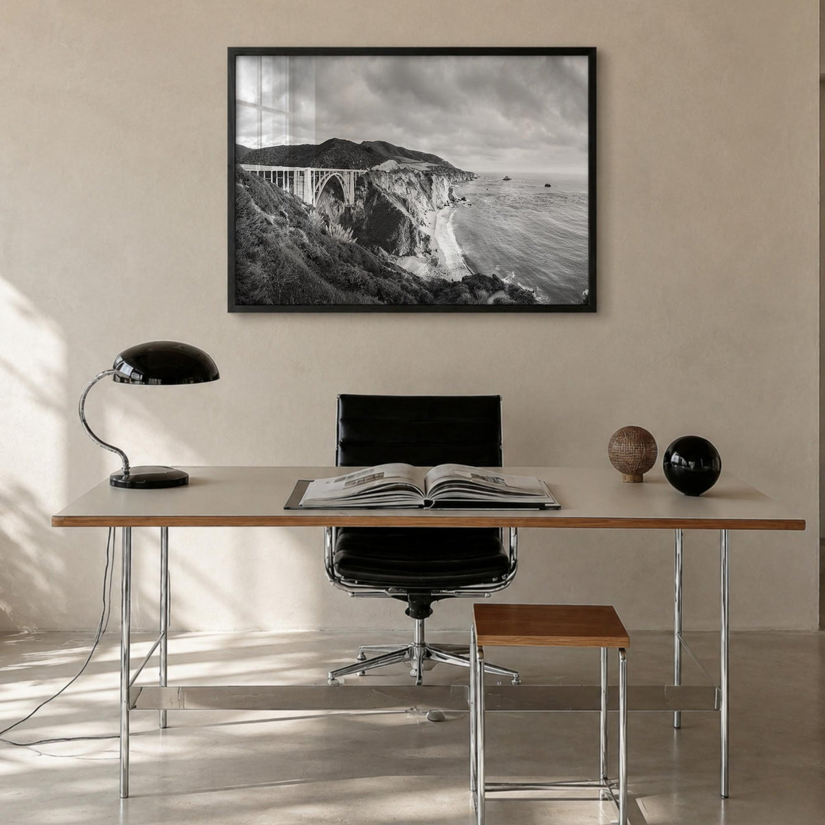 Monterey black & white photo poster of California, USA – horizontal wall art in black wood frame, hanging on wall