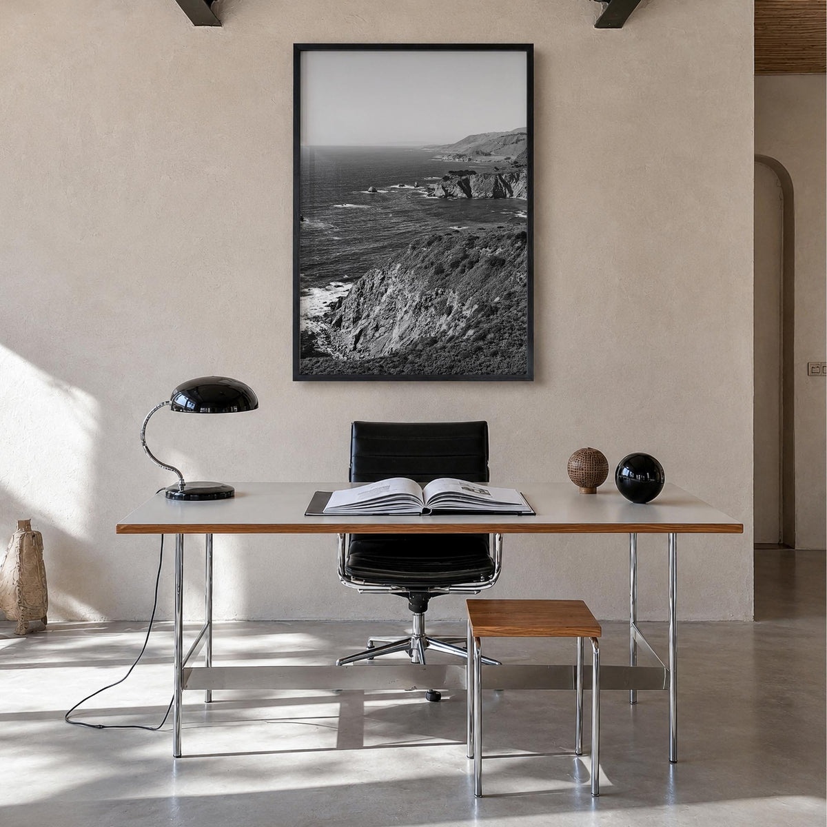 Monterey black & white photo poster of California, USA – vertical wall art in black wood frame, hanging on wall